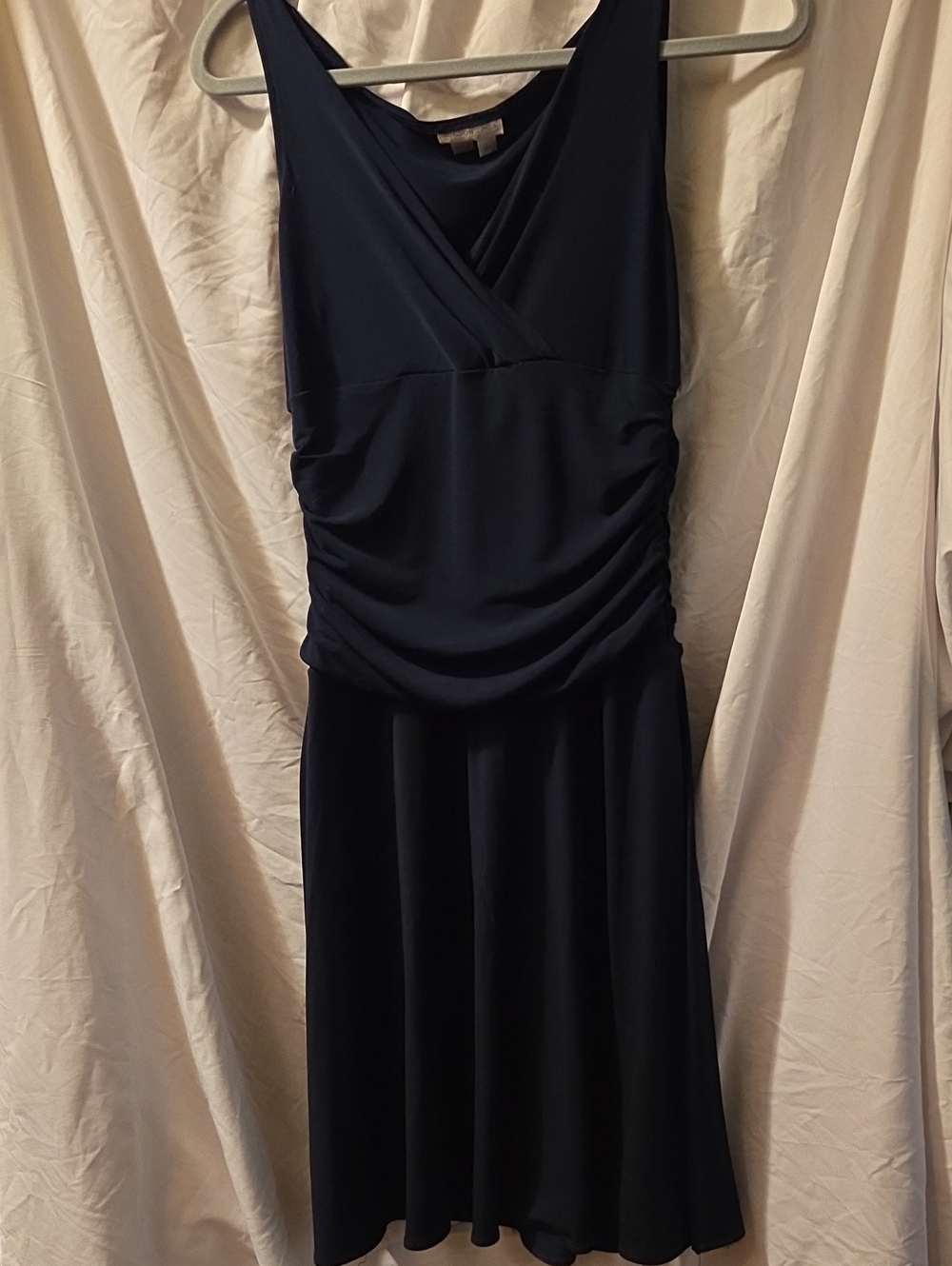 London Times Navy Sleeveless V-Neck Ruched Waist Dress